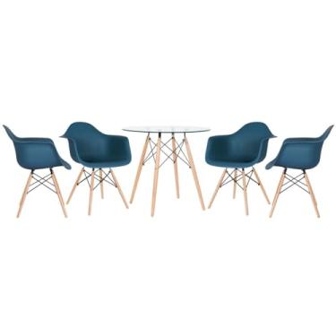 Imagem de Loft7, Kit Mesa redonda de vidro Eames 80 cm + 4 cadeiras Eiffel Daw azul petróleo
