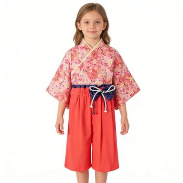 Imagem de Fantasia de quimono para meninas, conjunto de roupas de samurai para crianças, vestido de princesa japonês, fantasia de Halloween, cosplay, capa rosa