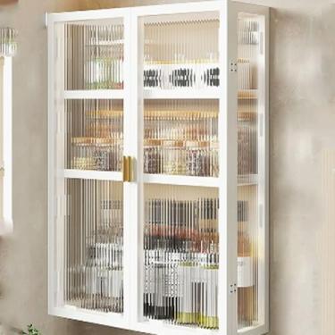 Imagem de Armário de armazenamento de cozinha montado na parede, sem perfuração com porta de acrílico, prateleira e prateleira de temperos à prova de poeira, branco (69,5 * 50 * 14 cm) - Organizador com