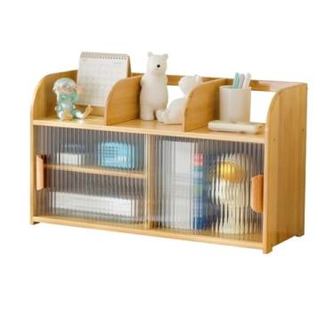 Imagem de CFGH6FDF Estante de mesa de bambu, com portas de armário deslizantes de vidro, para escritório em casa, prateleira de armazenamento de estudo, prateleira de livros independente