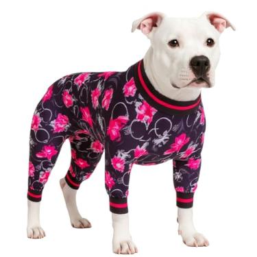 Imagem de LovinPet Pijama de cachorro 3GG – camiseta com capuz para cães, camisa de recuperação de cirurgia para cães, estampa floral preta e rosa, body com proteção UV para cães grandes, roupas Pitbull, rosa