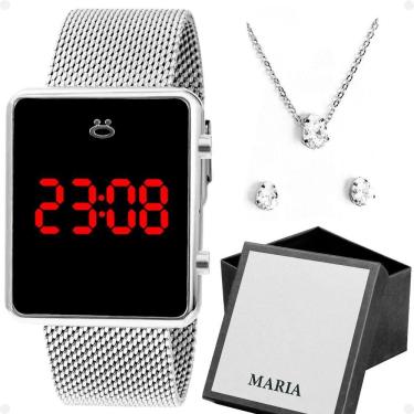Imagem de Relogio Feminino Digital Aço Inox + Brincos + Caixa + Colar Qualidade Premium Social Presente Casual