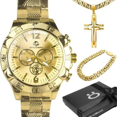 Imagem de Título 24: Relogio Masculino Aço Inox Banhado + Corrente + Pulseira Analogico Social Original Casual