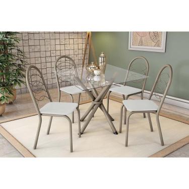 Imagem de Conjunto: Mesa Sala Jantar Volga C- Tampo De Vidro 90cm E 4 Cadeiras Holanda Niquel - Courano Branco - Kappesberg