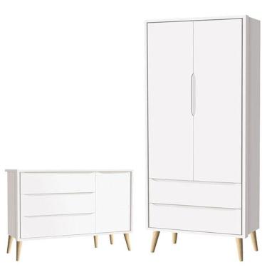 Imagem de Cômoda Infantil Com Porta E Guarda Roupa 2 Portas Theo Branco Acetinado Pés Madeira Natural ? Reller
