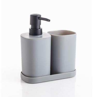 Imagem de Conjunto para Banheiro Quadrado Cinza com Dispenser de Sabonete Líquido 350ML, porta-objetos e Bandeja de Apoio