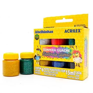 Imagem de Tinta Guache Acrilex Fantasia Glitter com Acabamento Metálico para Trabalhos Artísticos 15ML Kit 6 Cores