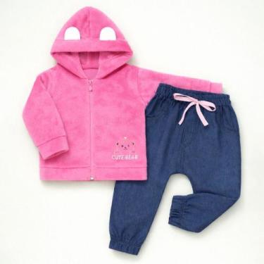 Imagem de Conjunto Blusa Fleece Aveludado e Calça Jeans para Bebê Menina Cor:ros