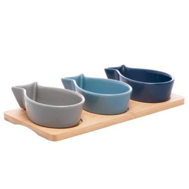 Imagem de Petisqueira Bandeja Bambu 3 Ramekin Cerâmica Formato Peixe - LYOR