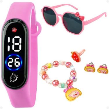 Imagem de Relogio Infantil Led + Pulseira Presilha + Anel + Oculos Sol morango p