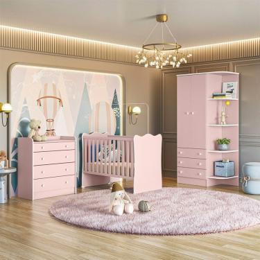 Imagem de Quarto Infantil Doce Sonho com Berço Cômoda e Guarda Roupa 2 Portas 3 Gavetas MDP TAMANHO 120CM Rosa Qmovi