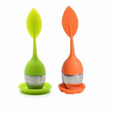Imagem de Filtro de infusor de chá, alça de silicone, filtro de infusor de chá solto, coador de bola de chá de aço inoxidável com formato de folha para xícaras de chá, canecas, bules de chá (laranja verde)