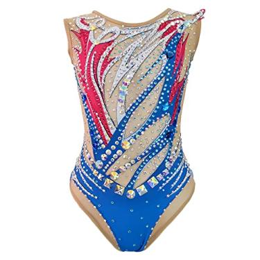 Imagem de Collant de ginástica Artistics feminino meninas balé dança cristais competição roupa (azul, 5-8 anos)