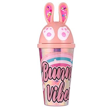 Imagem de Copo de viagem de pata de gato com canudo rosa copo de festa copo de gelo congelante caneca de presente para aniversário (coelho vibes laranja, 430 ml)