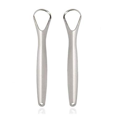 Imagem de YIBIDINAY Limpador de raspador de língua para adultos de grau cirúrgico aço inoxidável Kit dental de escova de língua profissional Elimina o mau hálito com aderência não sintética prata (pacote com 2)