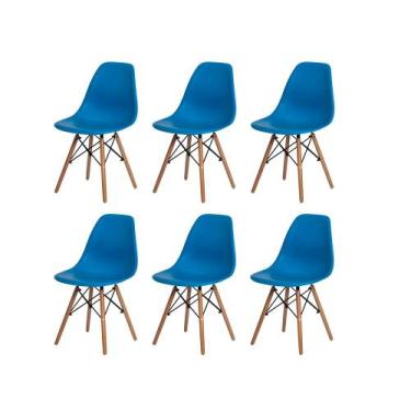 Imagem de Kit 6 Cadeiras Charles Eames Eiffel Azul Base Madeira Sala Cozinha Jan