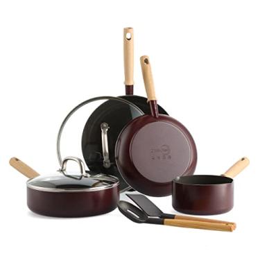 Imagem de GreenPan Hudson Healthy Ceramic antiaderente (antiaderente) conjunto de panelas e frigideiras de 8 peças, cabo inspirado em madeira vintage, livre de PFAS, lavável na lava-louças, vermelho Merlot