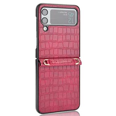 Imagem de YINGDAFENG Capa para Samsung Galaxy Z Flip 4, capa traseira de couro PU slim fit com alça de pulso e proteção da câmera à prova de choque capa protetora de PC rígido, vermelha