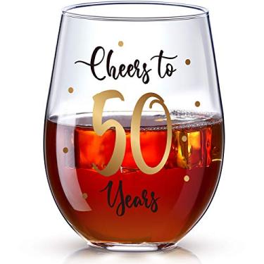 Imagem de Taça de vinho de aniversário para 50 anos 50º aniversário ouro sem haste taça de vinho presente para mulheres homens 50º festa casamento aniversário decorações de festa, 50 g, sem haste