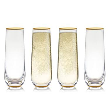 Imagem de Trinkware Conjunto de 4 taças de taça de champanhe sem haste com borda e base douradas - Copo Mimosa - Perfeito para taças de champanhe de dama de honra ou uso diário - Conjunto de 4 taças de