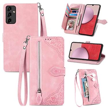 Imagem de Capas de telefone com slots de cartão de luxo Samsung Galaxy A14 A 14 5G capa de couro cordão de negócios suporte de zíper carteira clipe de telefone Samsung A14 5G capas (rosa, Samsung A14 5G)