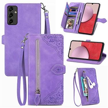Imagem de Capas de telefone com slots de cartão de luxo Samsung Galaxy A14 A 14 5G capa de couro cordão de negócios suporte de zíper carteira clipe de telefone Samsung A14 5G capas (roxo, Samsung A14 5G)