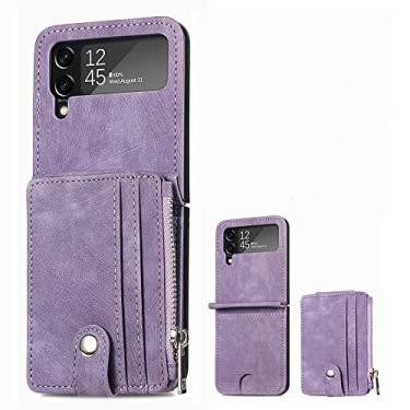 Imagem de Capa de cartão removível para Samsung Z Flip4 capa de telefone dobrável capa protetora pu carteira slots de cartão capa de telefone, roxa, para samsung Z flip4