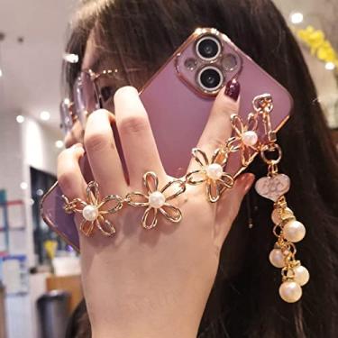 Imagem de Bling 3D Pearl Flower Chain Gold Plating Phone Case Para iphone 14 12 Pro Max Mini 11 13 Pro X XS XR 6 S 7 8 Plus 12Pro SE Cover, Cherry Purple, For 12 Mini 5.4