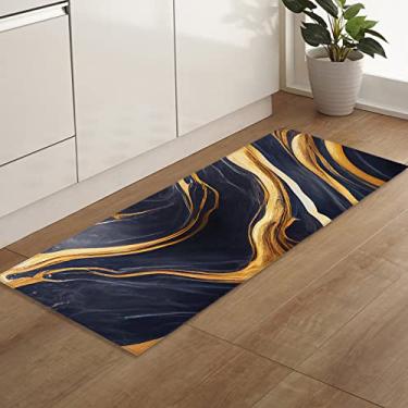 Imagem de Tapete de corredor de cozinha, mármore arte moderna azul escuro dourado tapete antiderrapante tapete de porta tapete para lavanderia cabeceira banheiro quarto 40 x 160 cm