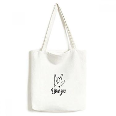 Imagem de Bolsa de lona preta I Love You personalizada para gestos, sacola de compras, bolsa casual