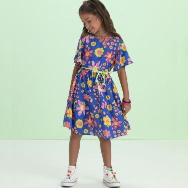Imagem de Vestido Infantil Verão Viscose Com Cinto Flores Azul Tam 6 a 12 - Málagah-Feminino
