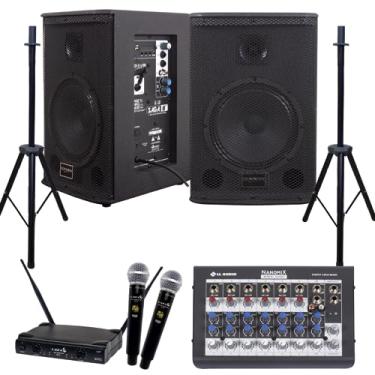 Imagem de Kit Ativa Passiva Saga 8 225W 110V/200V Pedestal Mesa 8 Canais Microfones Sem Fio