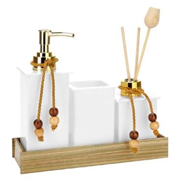 Imagem de Kit Lavabo Luxo/Jogo Banheiro Em Acrílico Branco/Palha (Saboneteira/Difusor/Pote/Bandeja) - Acribom