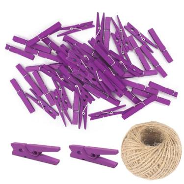 Imagem de 200 peças mini clipes de madeira natural de 25 mm prendedor de roupa DIY festa de casamento clipes de clipe de madeira pinos com fio de juta de 98 pés (roxo)