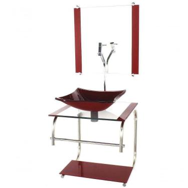 Imagem de Gabinete De Vidro Para Banheiro 40cm Inox Cuba Quadrada Com Sifao E Torneira Metal Cor:vermelho Cereja