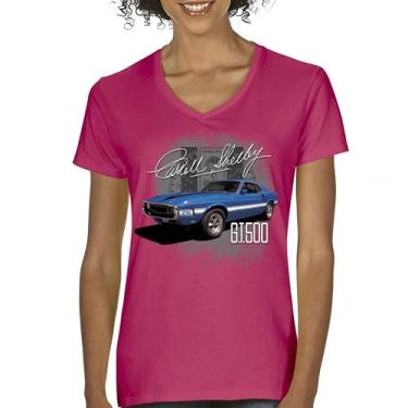 Imagem de Camiseta feminina Cobra Shelby azul vintage GT500 gola V American Racing Mustang Muscle Car Performance Powered by Ford Tee, Rosa choque, P