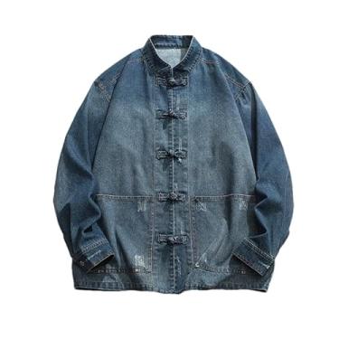Imagem de KANG POWER Jaqueta jeans masculina estilo chinês outono jaqueta jeans lavada jaqueta masculina casual de algodão jaqueta masculina, Azul escuro, 3G