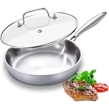 Imagem de DELARLO Frigideira de aço inoxidável de três camadas, frigideira de 22,8 cm com tampa. Todos os cooktops compatíveis com até 600 ° Enegry Saving, frigideira de ovos de cozinha de 23 cm, durável,