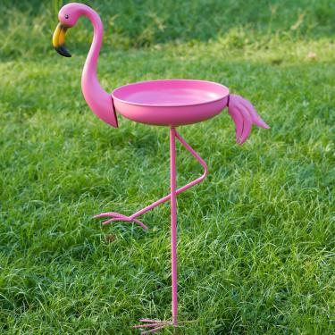 Imagem de SMQLJXC Banheira de pássaro ao ar livre flamingo de 104 cm de altura, tigela de banho de pássaro de metal, alimentador de pássaros ou prato bebedor com estaca de metal, decorações de jardim doméstico
