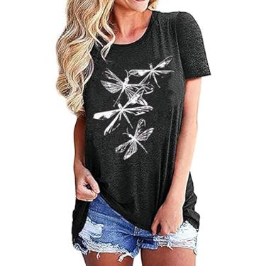 Imagem de Camiseta feminina Dragonfly Sunset com estampa retrô do pôr-do-sol linda camiseta de verão de manga curta, Cinza escuro 2, P