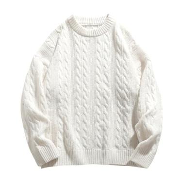Imagem de Suéter masculino sólido colr fino camada base impressão torcida pulôver tricotado camada base gola redonda tricotado, Branco, XG