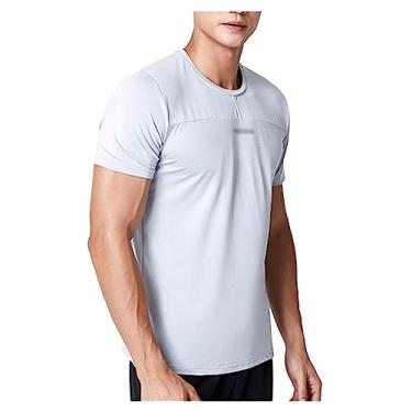 Imagem de Camiseta masculina atlética de caimento solto, manga curta, gola redonda, secagem rápida, leve, academia, Cinza, XG