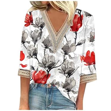Imagem de Camisetas femininas de verão manga 3/4 com decote em V floral 2024, camisetas femininas casuais com acabamento em renda, blusas femininas elegantes e casuais, Cinza 68, 3G