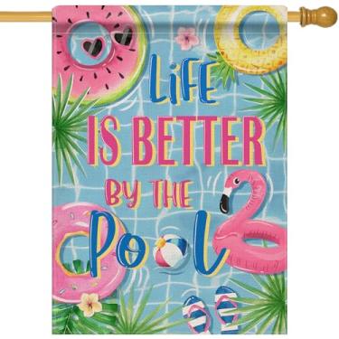 Imagem de Dyrenson Summer Life is Better by The Pool 28 x 40 bandeira de casa dupla face, anéis de natação flamingo, folhas de palmeira tropical, decoração de jardim, chinelos, bola, decoração ao ar livre,