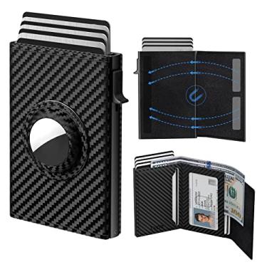 Imagem de Carteira masculina para AirTag: carteira inteligente de couro para homens compatível com Apple Air Tag, bloqueio RFID, fina, fibra de carbono, minimalista - capacidade de cartão de 9 a 14 | Janela