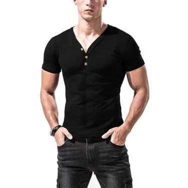 Imagem de Camisetas masculinas Henley manga curta com decote em V profundo e fecho de três botões casual slim tops, Preto, G