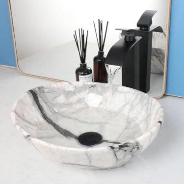 Imagem de MEKKHALA Pia de vaso oval de banheiro 40,6 cm x 33 cm tigela de pia de cerâmica com torneira e ralo, acima do balcão pia oval revestida de mármore preto branco para banheiro