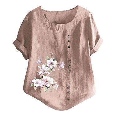 Imagem de Camiseta feminina de linho, estampa floral, caimento solto, gola redonda, botões, camiseta de verão, rosa, G
