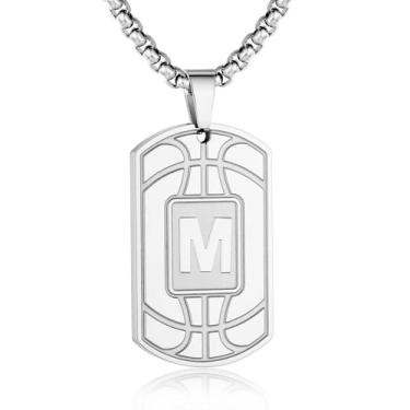 Imagem de Colar masculino com etiqueta de basquete inicial A-Z - pingente com corrente de aço inoxidável 55 cm + 5 cm - joia personalizada para atletas esportivos, Prata, Sem Pedra Preciosa