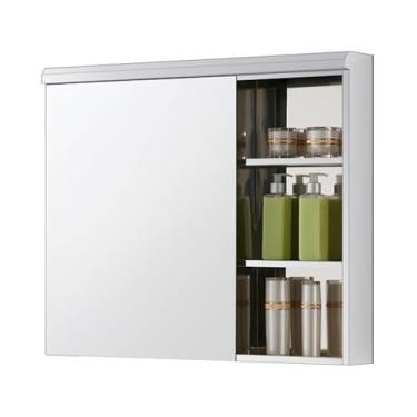 Imagem de Armário de espelho de banheiro de aço inoxidável com prateleira, armário de espelho cosmético para quarto de casa, prateleira de 3 camadas interna, porta única